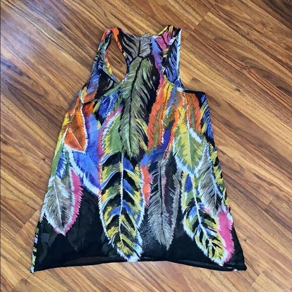 4 for $50 🎃 Ali & Kris Sheer Tank Black w/ Colorful Feather Design Women's S - Picture 4 of 4
